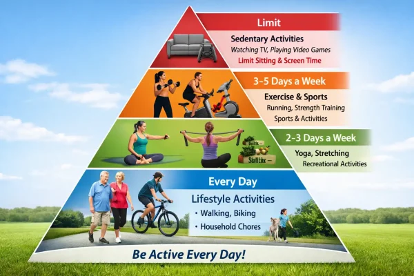Physical activity pyramid illustrating daily movement and limited sedentary habits