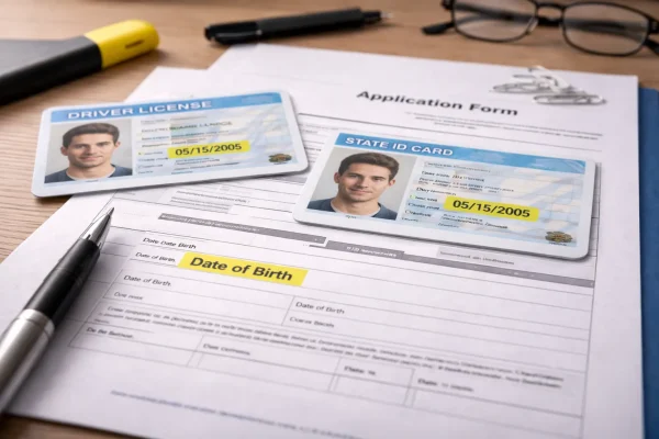 Identification documents and application form with date of birth highlighted