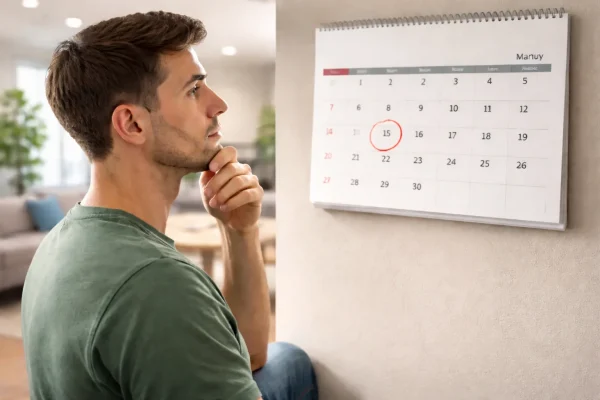Person thoughtfully checking a calendar date to determine age.