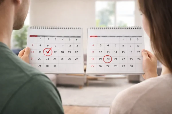 Two people comparing calendars showing different birthday dates highlighted